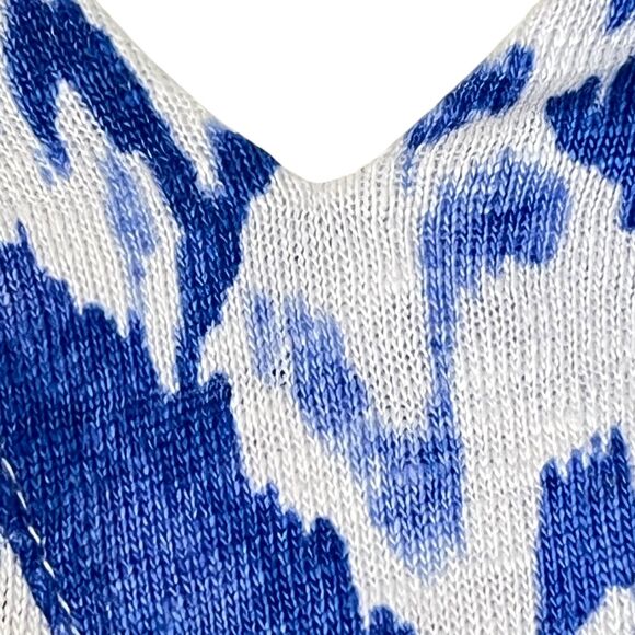 Chicos Womens Ikat Split V Neck 100% Linen Blue Knit Top Long Sleeve White 1/ M - Picture 5 of 16